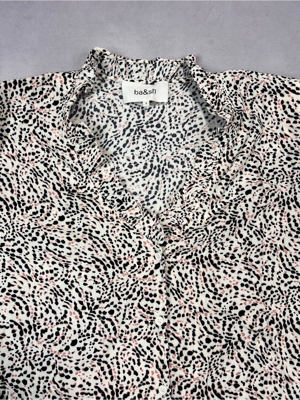 ba&sh Button-Down Shirt with Black Leopard Spots and Pink Highlights